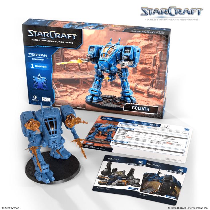 StarCraft: Tabletop Miniatures Game – Terran Goliath Expansion Set – 1 Unpainted Plastic Miniature, 80mm Base and 3 Game Cards – Archon Studio