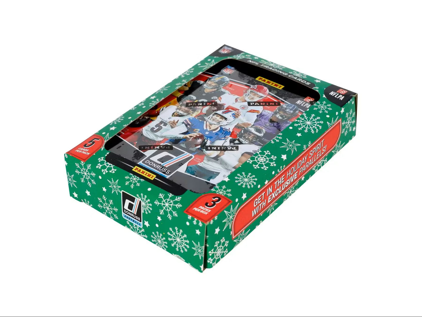 Panini 2025 Donruss Football Winter Holiday Tin Trading Card Box (3 Exclusive Press Proof Purple Cards Per Tin)