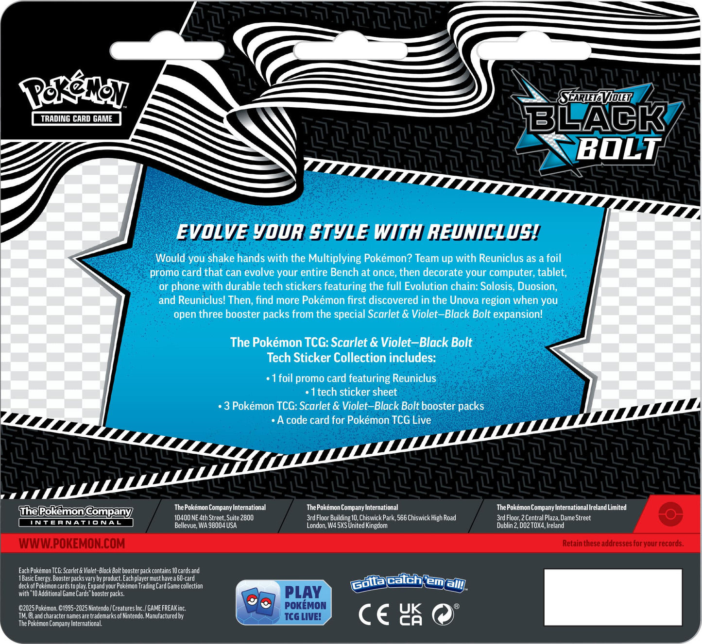 Pokemon TCG Scarlet & Violet 10.5 Black Bolt Tech Sticker Blister Pack - 3 Packs