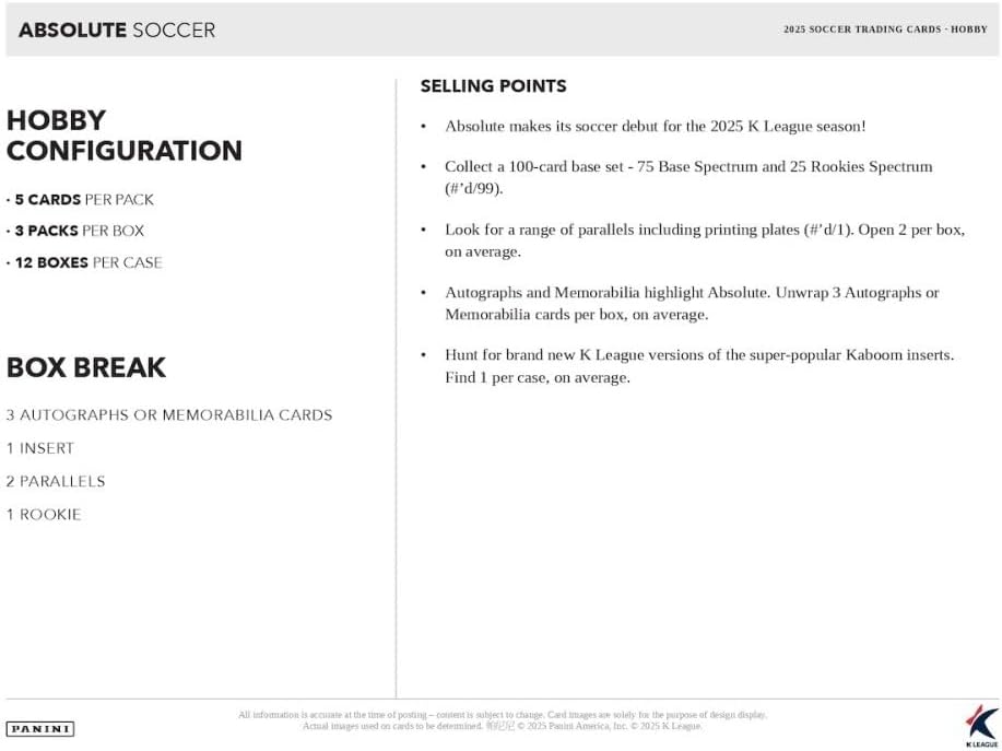 Panini 2025 Absolute K League Soccer Hobby Trading Card Box (3 Autograph or Memorabilia Cards Per Box)