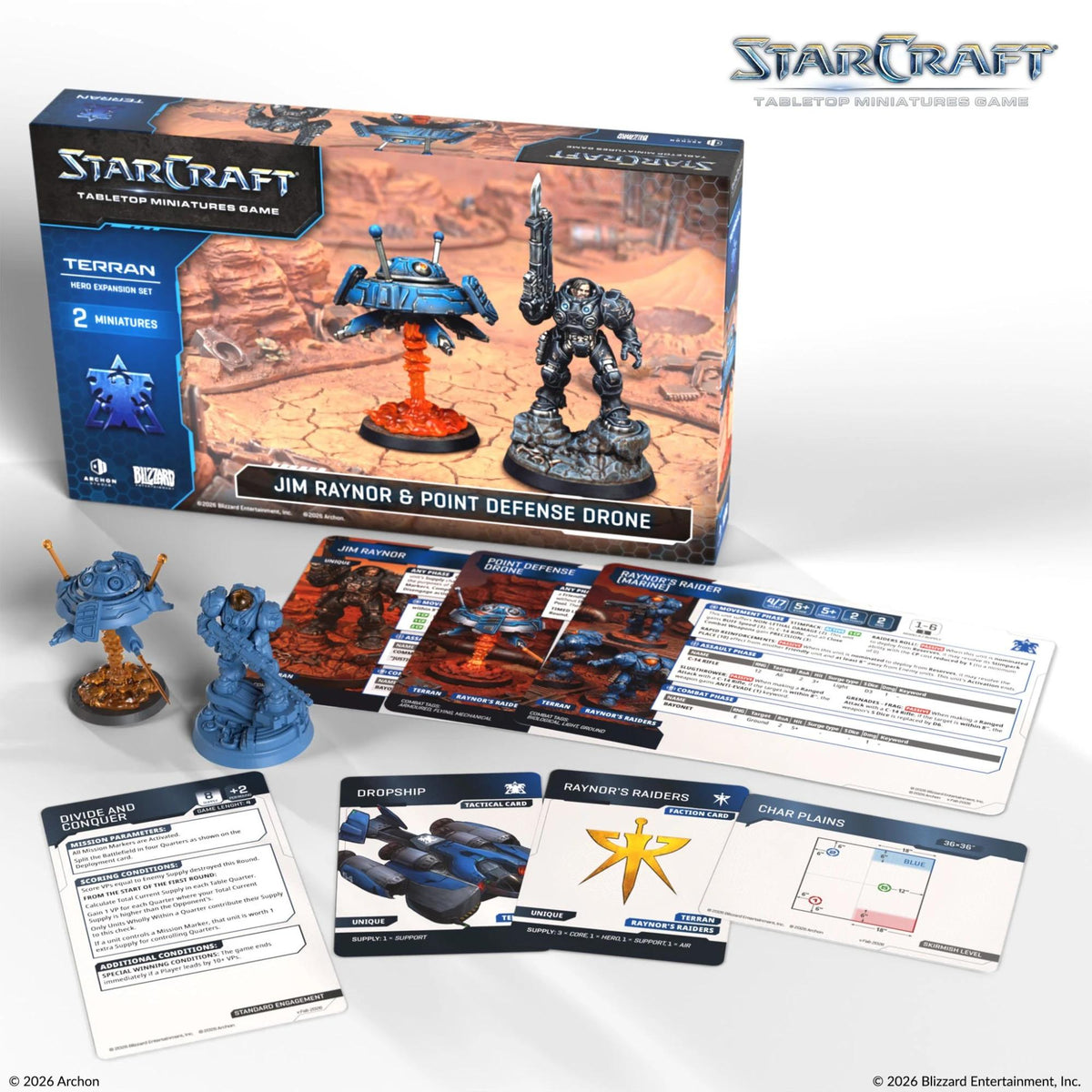 StarCraft: Tabletop Miniatures Game – Terran Jim Raynor & Point Defense Drone Hero Expansion Set – 2 Unpainted Plastic Miniatures, Cards and Base – Archon Studio