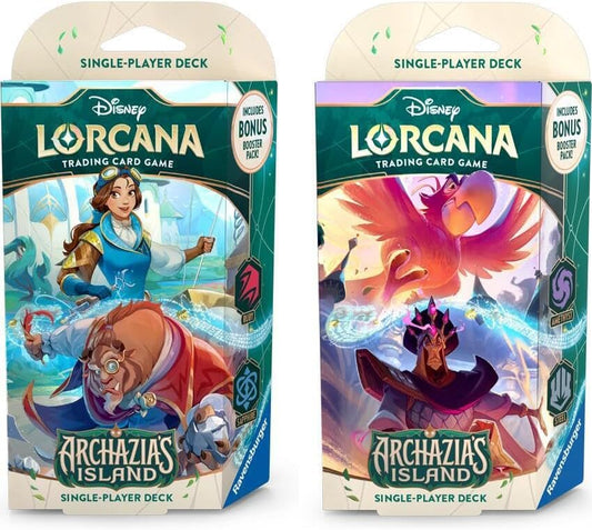 Lorcana TCG: Archazias Island: Starter Decks: Both Amethyst & Steel (Jafar & Iago) and Sapphire & Ruby (Belle & Beast) (2 Decks)