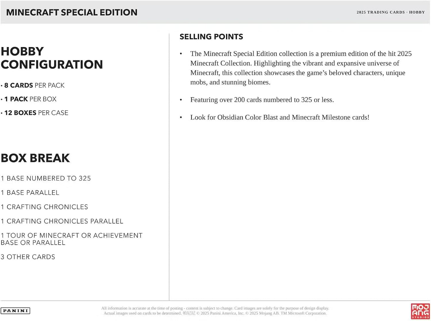 Panini 2025 Minecraft Special Edition Hobby Trading Card Box (1 Base Numbered to 325 Per Box)