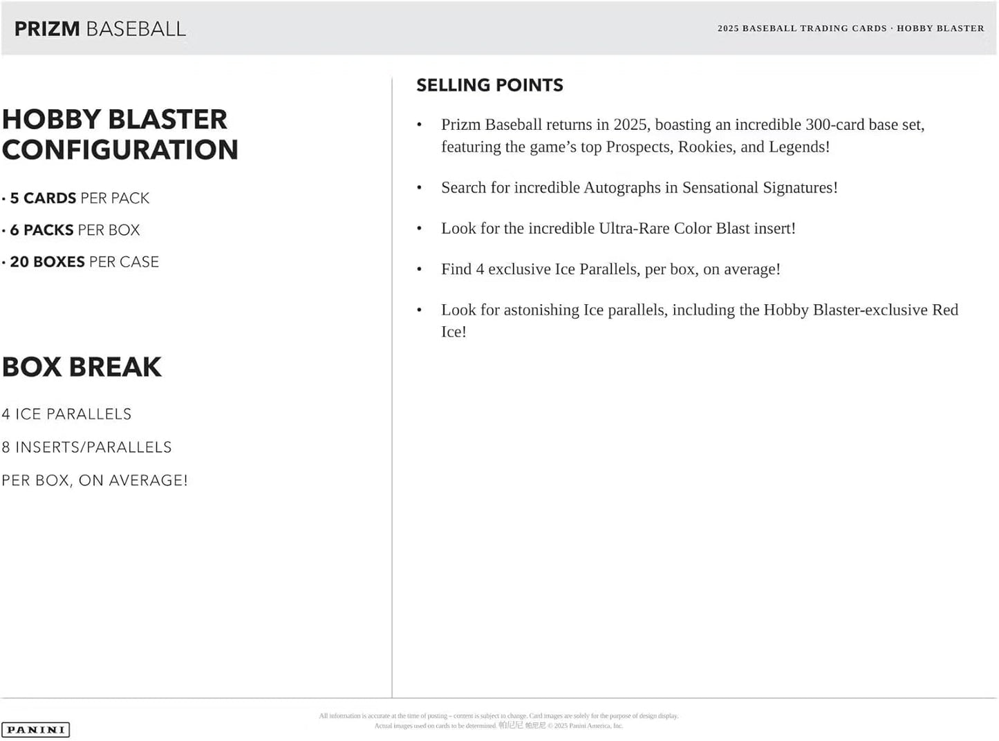 2025 Panini Prizm Baseball 6-Pack Hobby Trading Card Blaster Box (Find 4 Exclusive Ice Parallels Per Box)