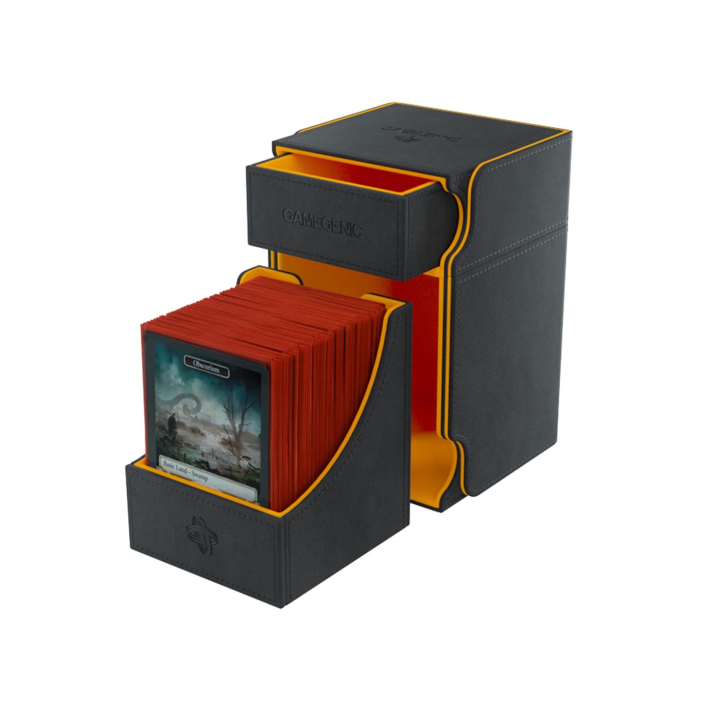 Gamegenic Watchtower 100+ XL Convertible Deck Box | Double-Sleeved Card Storage | Card Game Protector | Nexofyber Surface | Holds up to 100 Cards | Black and Orange Color | Made by Gamegenic