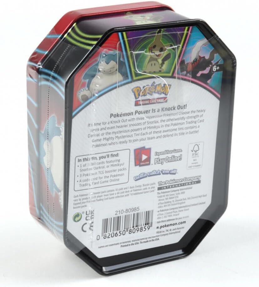 Pokemon TCG: Assorted Mighty Mysterious Tin - Contains Snorlax. Mimikyu, Or Darkrai - 1 Random Character Tin