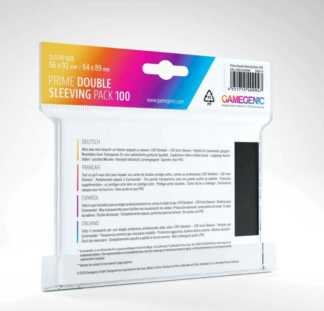 Gamegenic Prime Double Sleeving Pack 100 | Card Sleeving Pack Includes 100 Prime Sleeves & 100 Inner Sleeves | Double-Sleeved Card Protection | Protects up to 100 Standard Gaming Cards | Made by Gamegenic