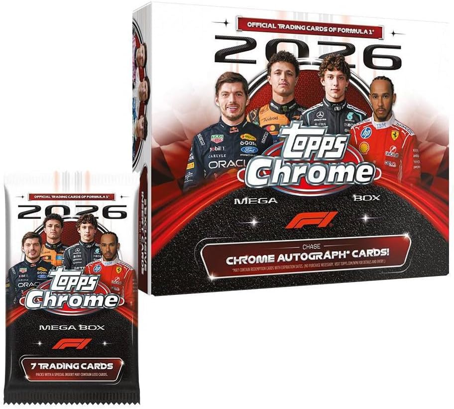 2026 Topps Chrome Formula 1 F1 Trading Card Mega Box - 6 Packs, 7 Cards per Pack, Exclusive Inserts