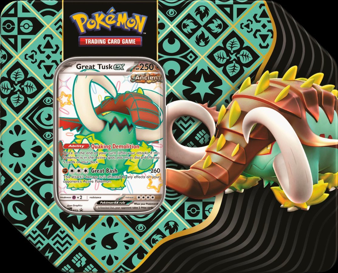 POKEMON TCG: SCARLET AND VIOLET: PALDEAN FATES: TIN - Shiny Great Tusk Collectors Emporium NY POKEMON TCG: SCARLET AND VIOLET: PALDEAN FATES: TIN - Shiny Great Tusk Collectors Emporium NY