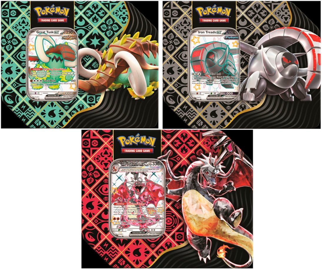 POKEMON TCG: SCARLET AND VIOLET: PALDEAN FATES: TIN - ALL 3 (Shiny Great Tusk, Shiny Iron Treads, & Shiny Charizard)