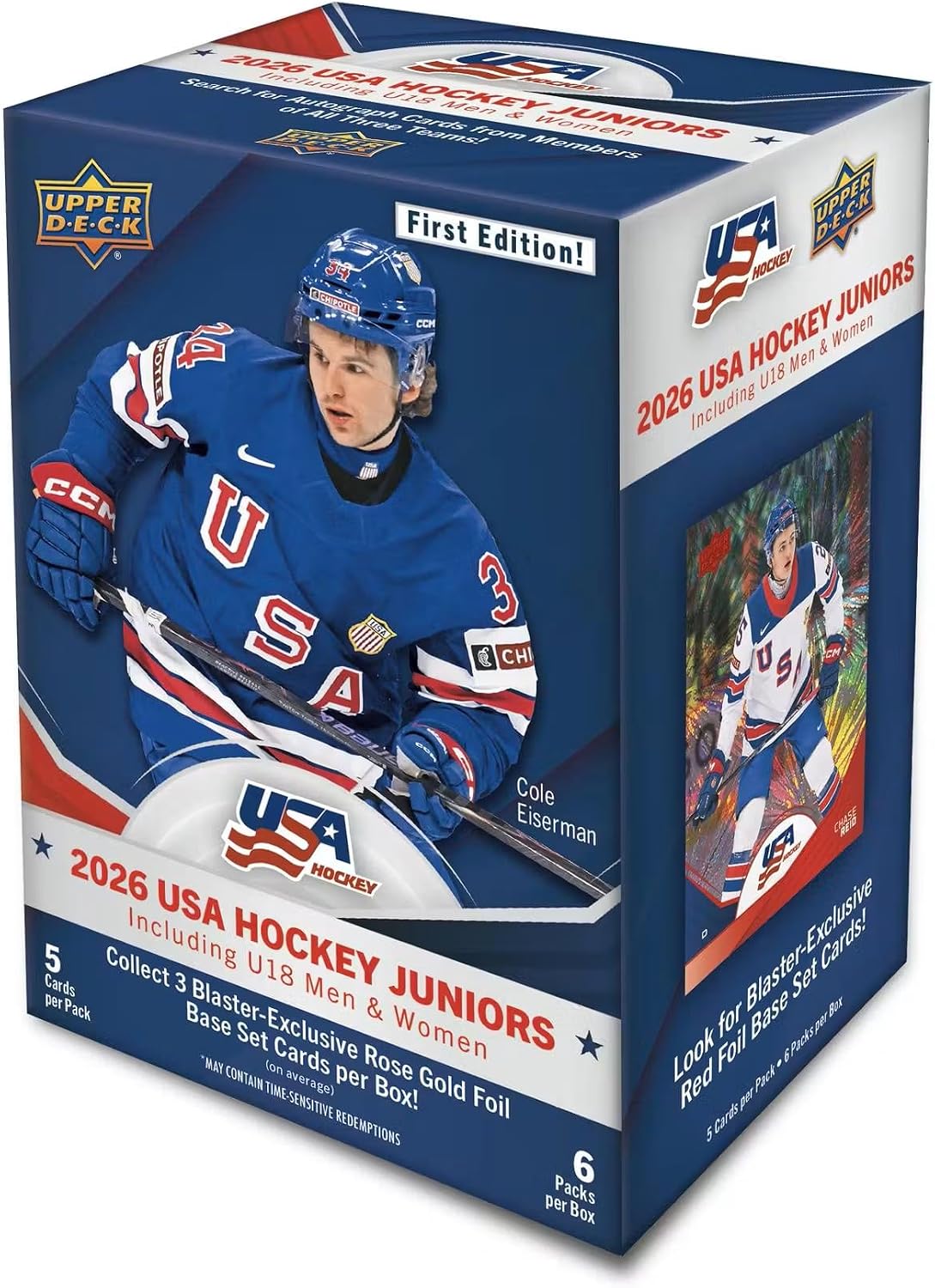 2026 Upper Deck Team USA Juniors Hockey Trading Cards Blaster Box – Inaugural Edition, 6 Packs, 5 Cards Per Pack, 30 Cards Total