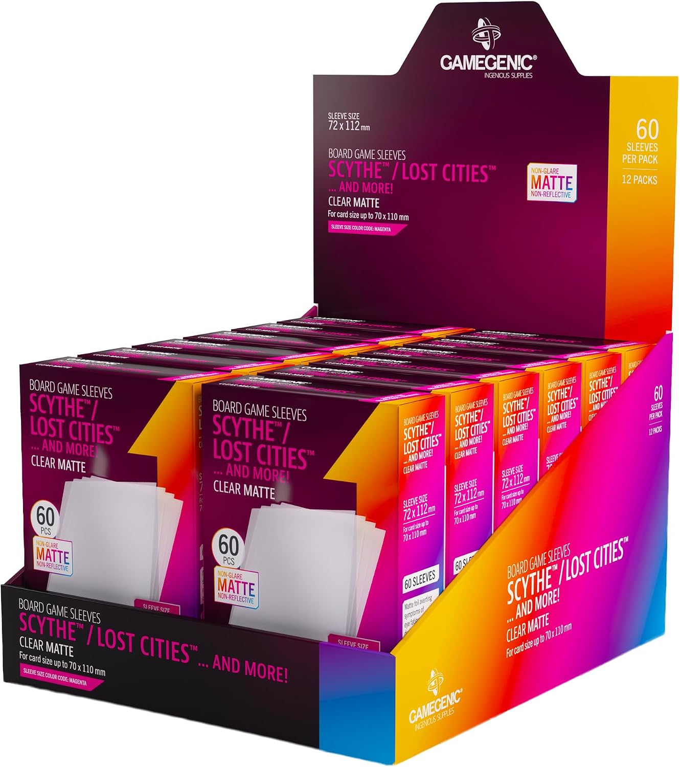 Gamegenic Matte Board Game Sleeves, Pack of 60 Matte Sleeves, 72 by 112 mm Card Sleeves Optimized for Scythe and Lost Cities, Premium Card Protection, FFG Magenta Color Code