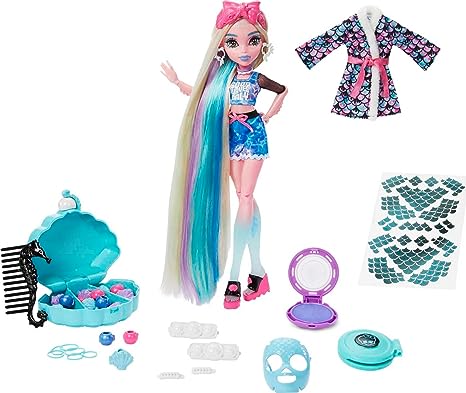 Monster High Doll, Lagoona Blue Spa Day Set with Wear and Share Accessories Like Hair Clips, Hair Chalk and Tattoos