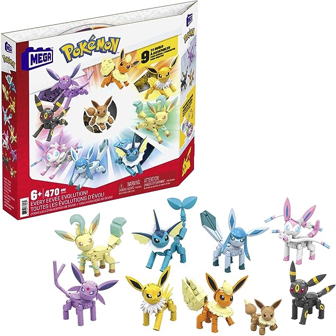 MEGA Pokemon Action Figure Building Toys for Kids, Every Eevee Evolution with 470 Pieces, 9 Poseable Characters, Gift Idea