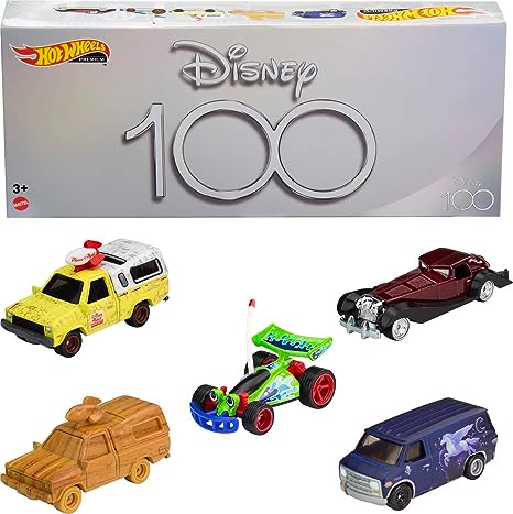 Hot Wheels Disney Cars Bundle, Set of 5 Premium Disney and Pixar 1:64 Scale Toy Cars in Collectible Disney 100 Box