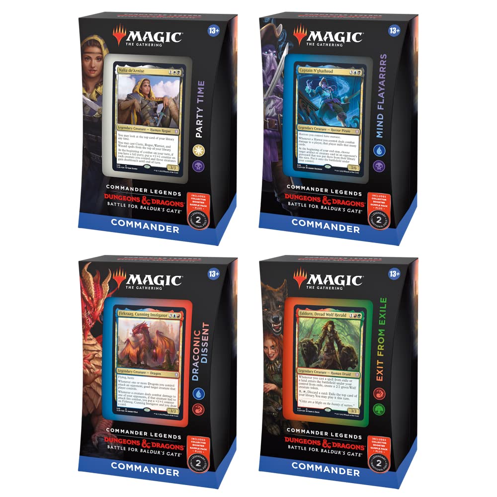Magic: The Gathering Commander Legends: Battle for Baldur’s Gate 4 Commander Deck Bundle – Includes 1 Party Time, 1 Mind Flayarrrs, 1 Draconic Dissent, 1 Exit from Exile