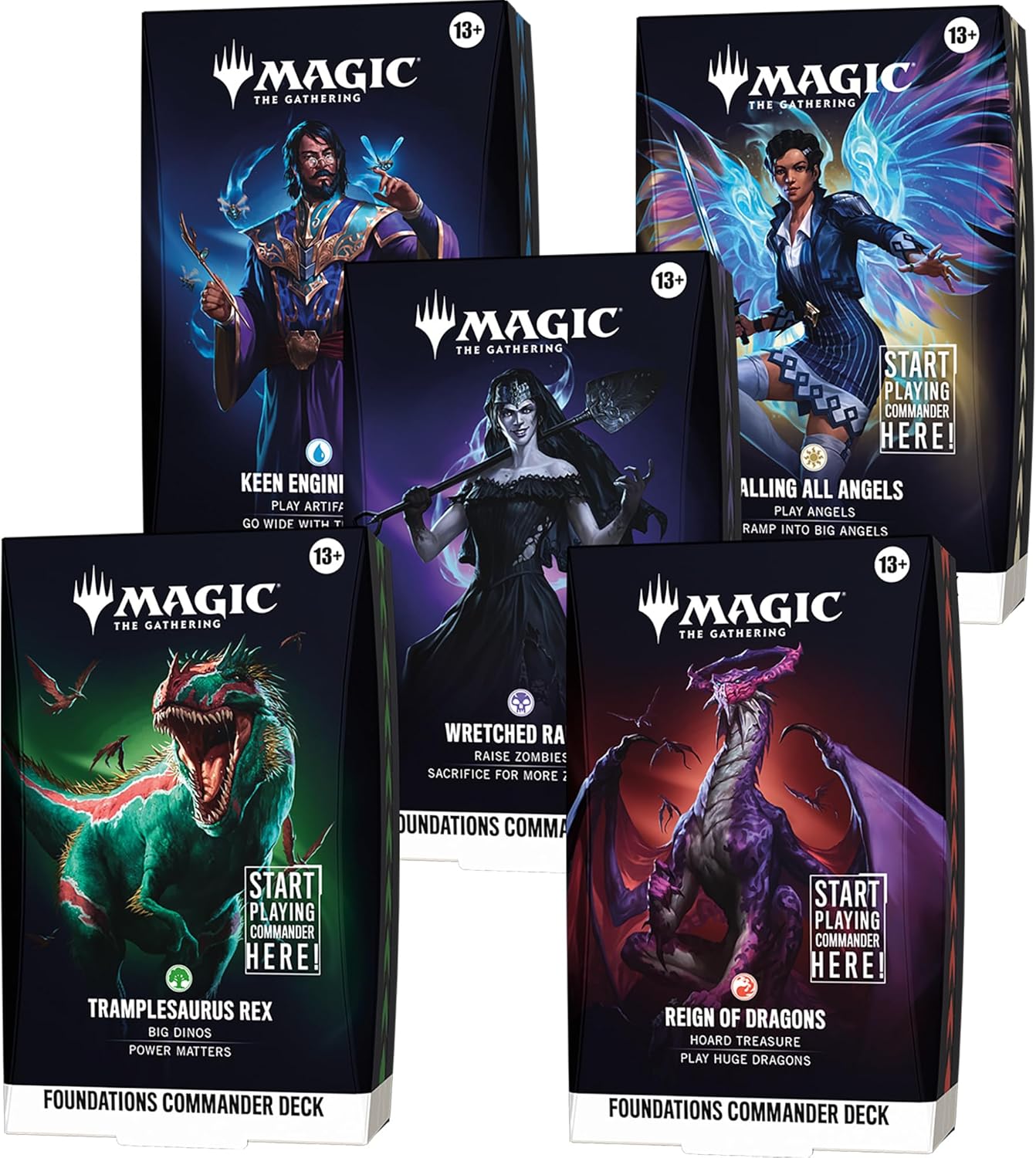 Magic: The Gathering Foundations Commander Deck Bundle - All 5 Decks (Calling All Angels, Keen Engineering, Wretched Ranks, Reign of Dragons, Tramplesaurus Rex) - Presale Ships 10/02/2026