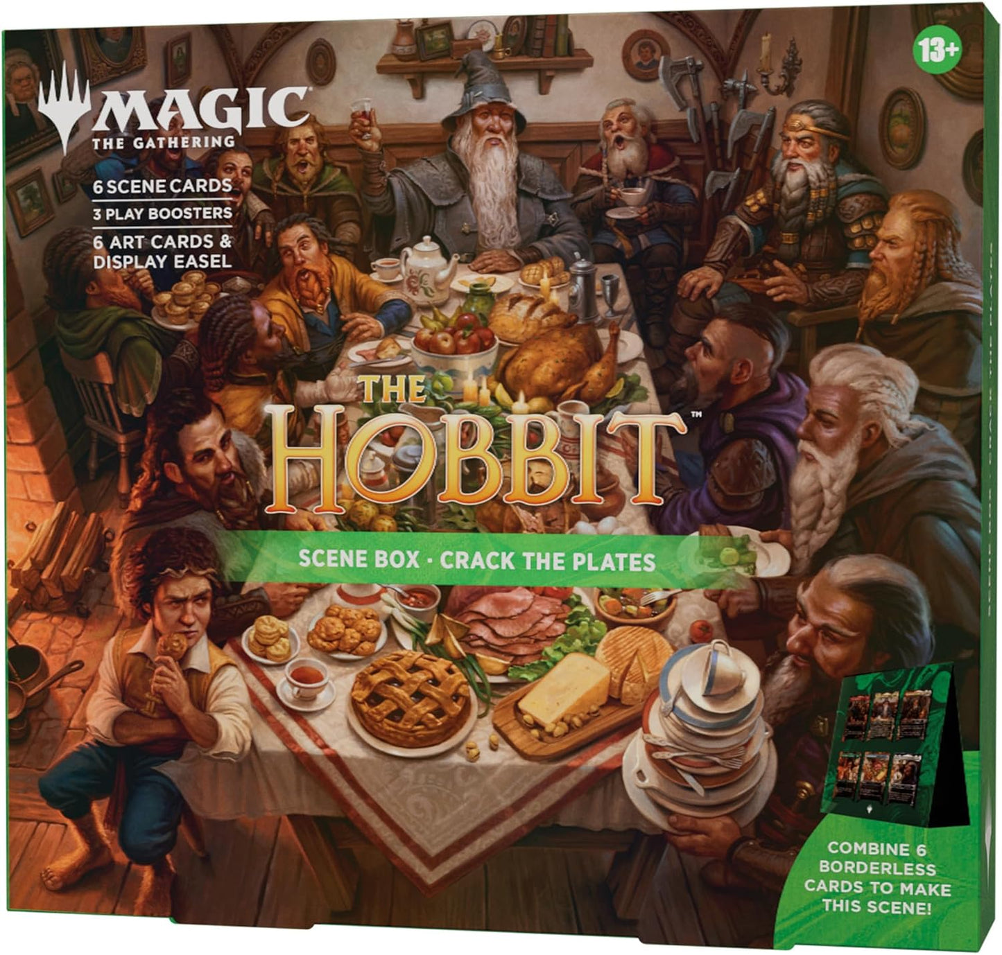 Magic: The Gathering The Hobbit Scene Box - Crack the Plates - 6 Foil Borderless Scene Cards, 6 Art Cards, 3 Play Boosters + Display Easel