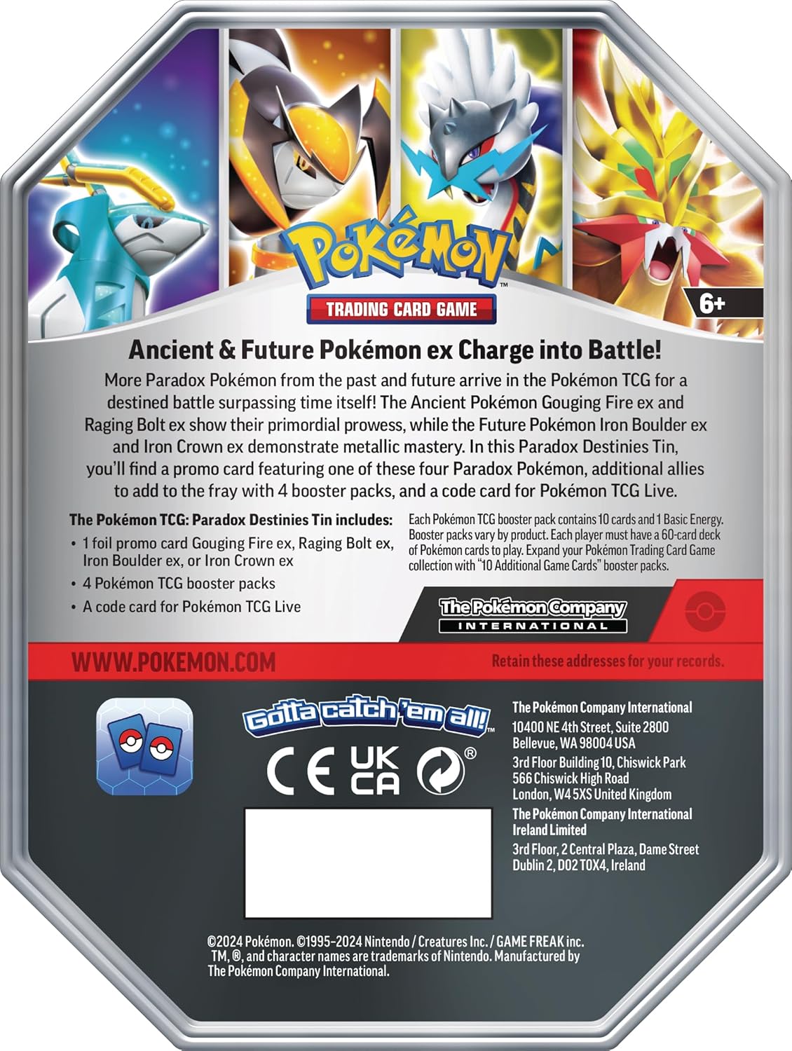 Pokemon TCG: Paradox Destinies Tin - Raging Bolt ex (1 Foil Promo Card & 4 Booster Packs)