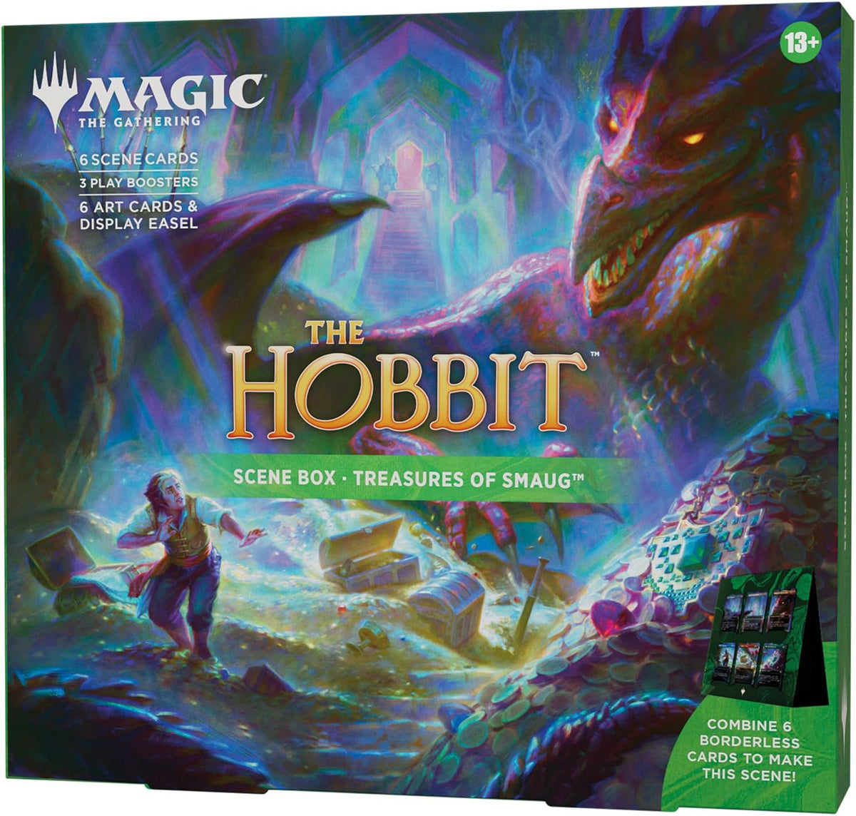 Magic: The Gathering The Hobbit Scene Box - Treasures of Smaug - 6 Foil Borderless Scene Cards, 6 Art Cards, 3 Play Boosters + Display Easel