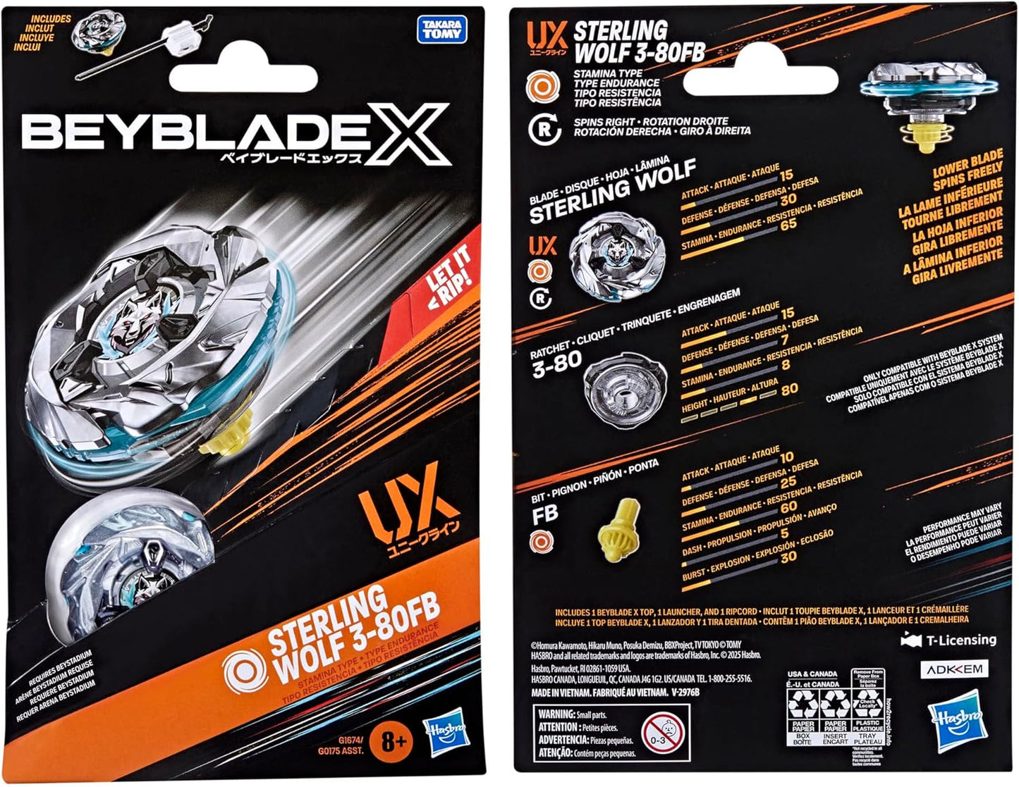 BeyBlade X Sterling Wolf 3-80FB UX Starter Pack Set with Stamina Type Top and Launcher, Authentic Takara Tomy Battle Tops Games, Toys for Boys and Girls 8+