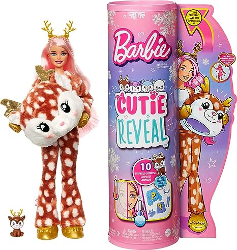 Barbie Cutie Reveal Doll, Snowflake Sparkle Series Deer Plush Costume, 10 Surprises Including Mini Pet & Color Change