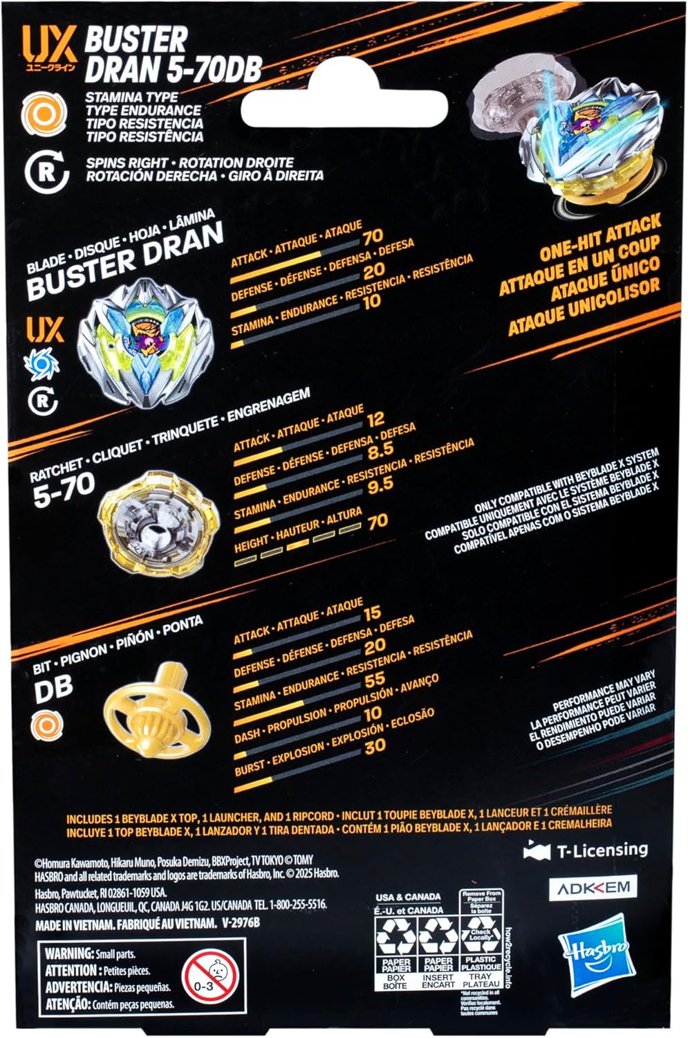 Beyblade X Buster Dran 5-70DB UX Starter Pack Set with Stamina Type Top and Launcher; Authentic Takara Tomy Battle Tops Games/Toys for Boys and Girls 8+