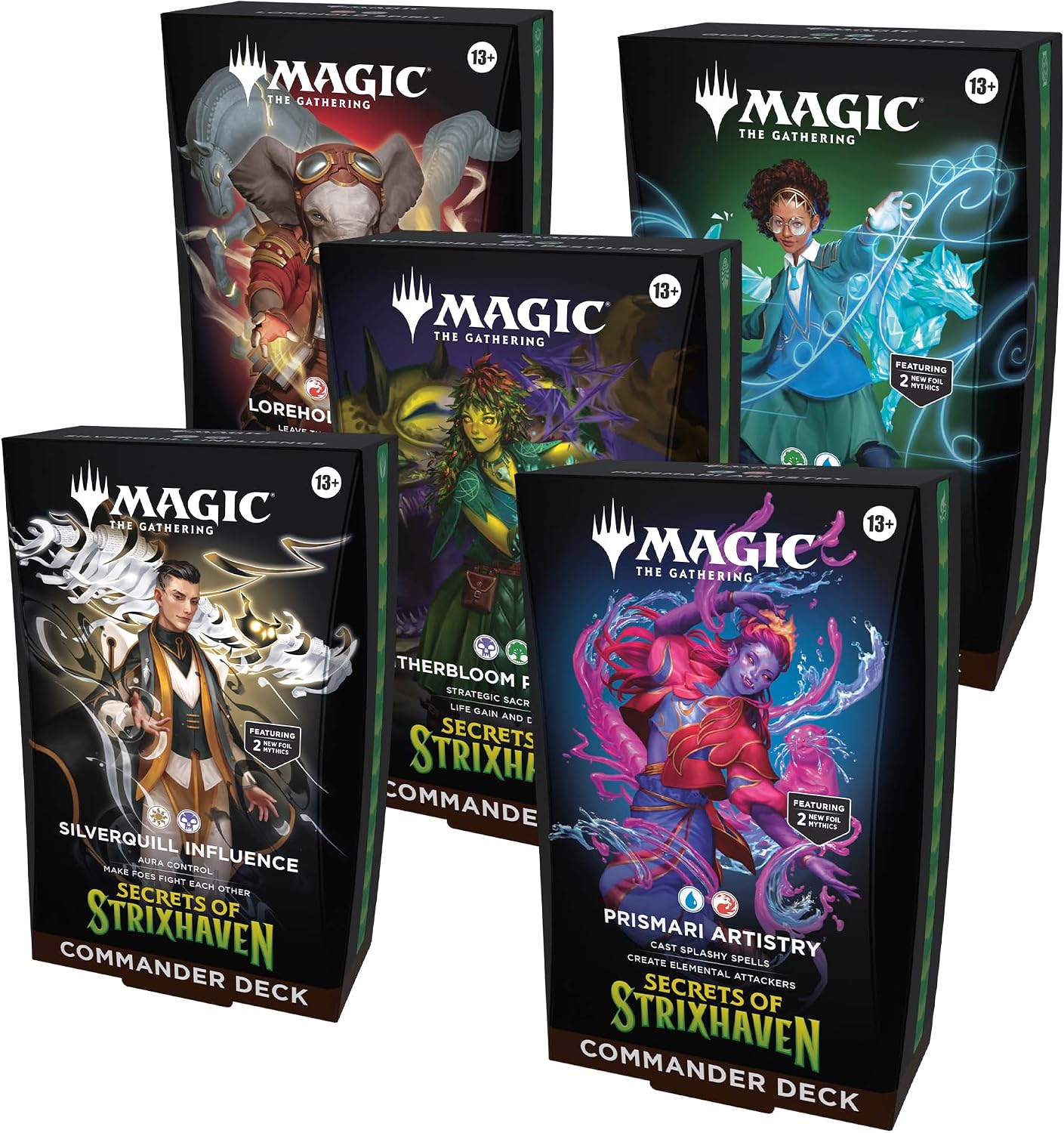 Magic: The Gathering Secrets of Strixhaven Commander Deck Bundle - Includes All 5 Decks (Silverquill Influence, Prismari Artistry, Witherbloom Pestilence, Lorehold Spirit, Quandrix Unlimited)