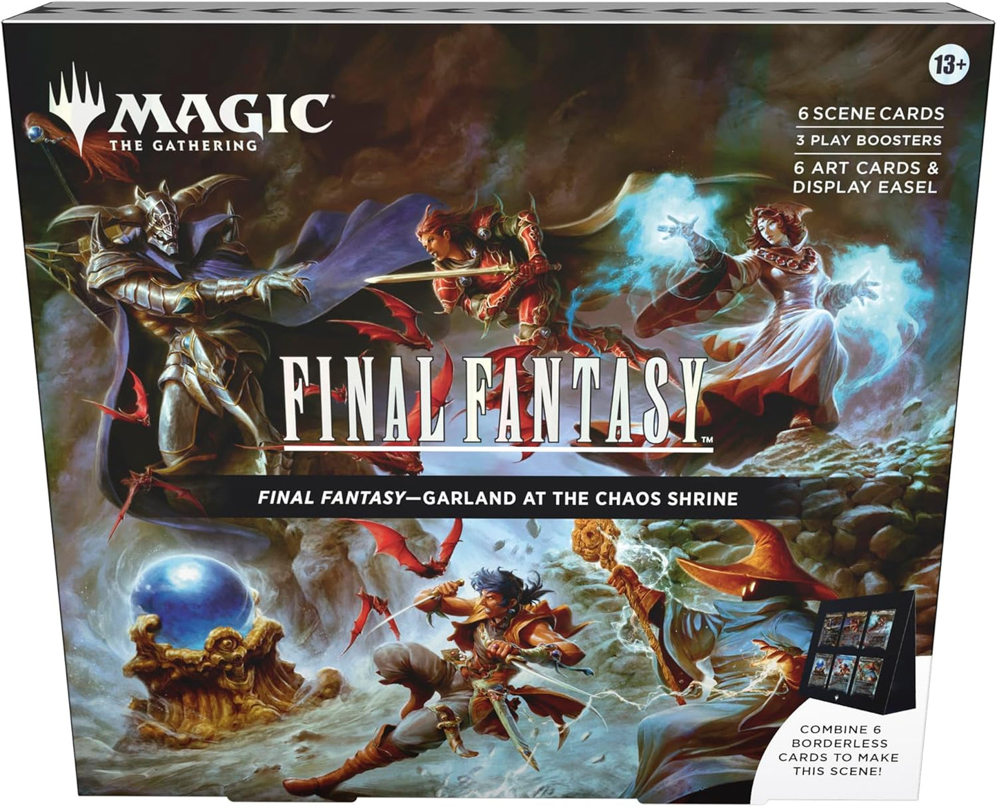 Magic: The Gathering Final Fantasy Scene Box - Garland at The Chaos Shrine | 6 Foil Borderless Scene Cards, 6 Art Cards, 3 Play Boosters + 1 Display Easel