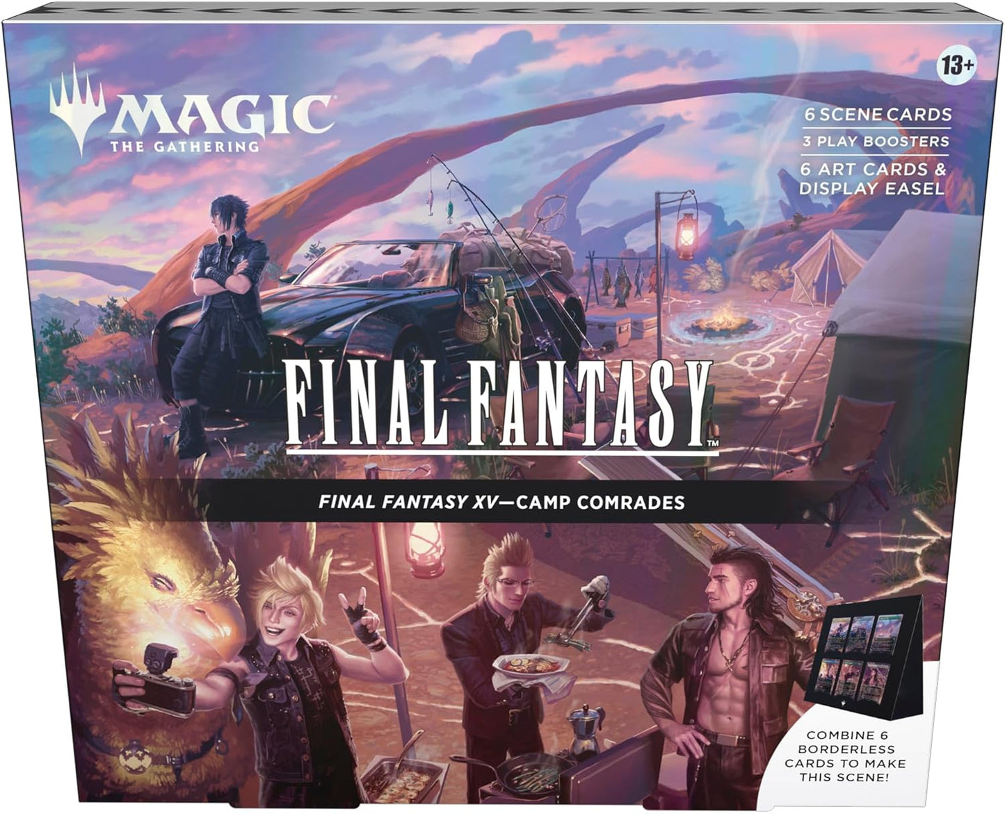 Magic: The Gathering Final Fantasy XV Scene Box - Camp Comrades | 6 Foil Borderless Scene Cards, 6 Art Cards, 3 Play Boosters + 1 Display Easel
