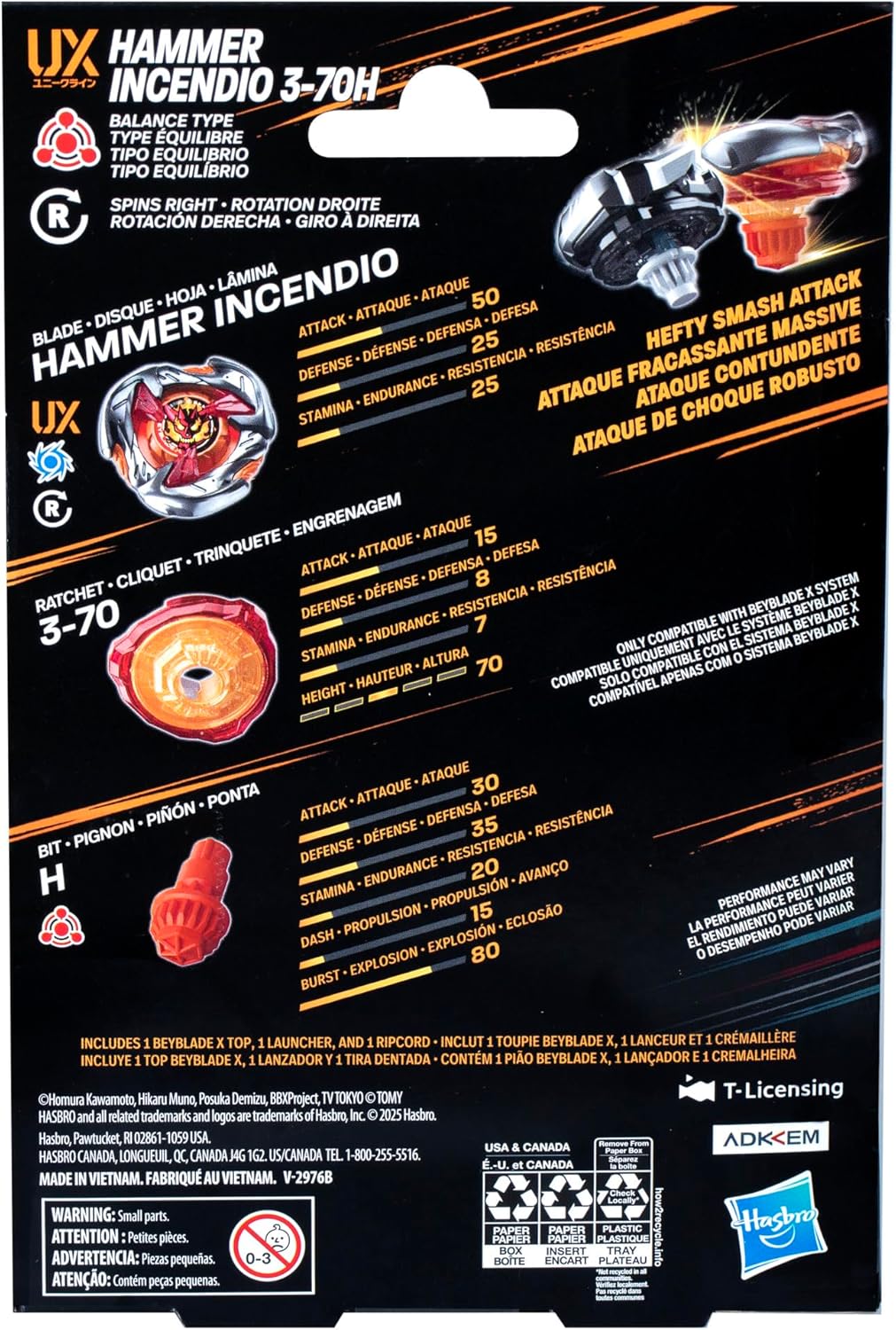 Beyblade X Hammer Incendio 3-70H UX Starter Pack Set with Balance Type Top and Launcher; Authentic Takara Tomy Battle Tops Games/Toys for Boys and Girls 8+