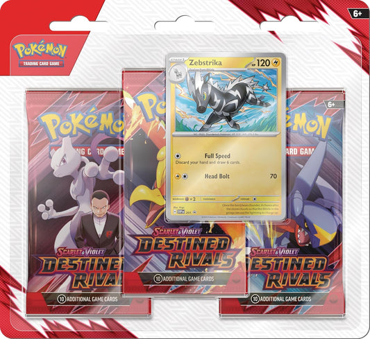 Pokemon TCG: Scarlet & Violet - Destined Rivals 3-Pack Blister – Zebstrika (3 Booster Packs & 1 Foil Promo Card)