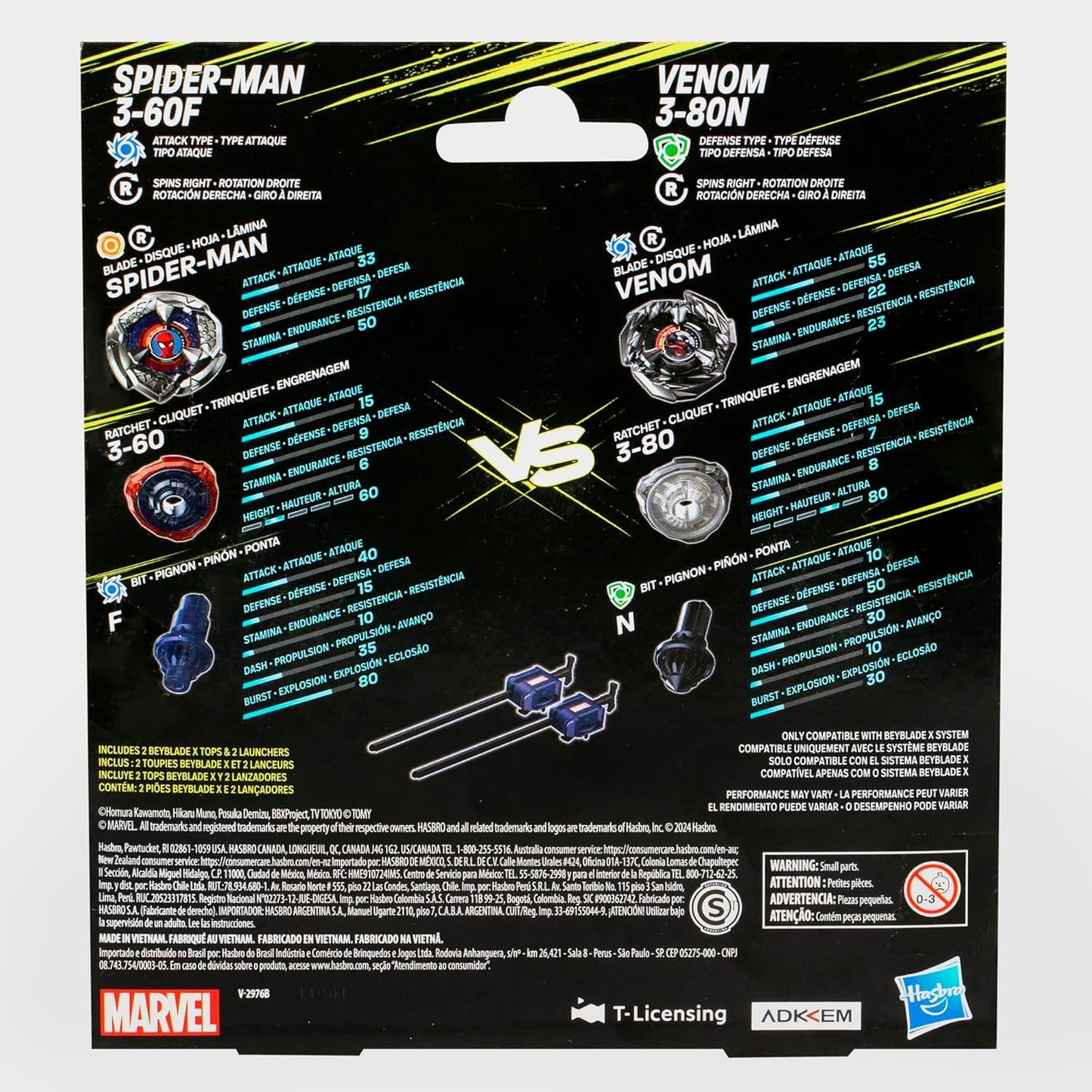 Beyblade X Marvel Collab Spider-Man 3-60F vs. Venom 3-80N Multipack Set, Includes 2 Right-Spin Tops & Launchers, Spinning Toys for Kids 8+, Boys and Girls