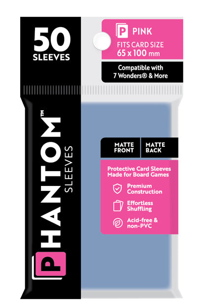 5 Packs Phantom Sleeves: "Pink Size" (65mm x 100mm) - Matte Matte (50) (Compatible with: 7 Wonders and More) Value Bundle!
