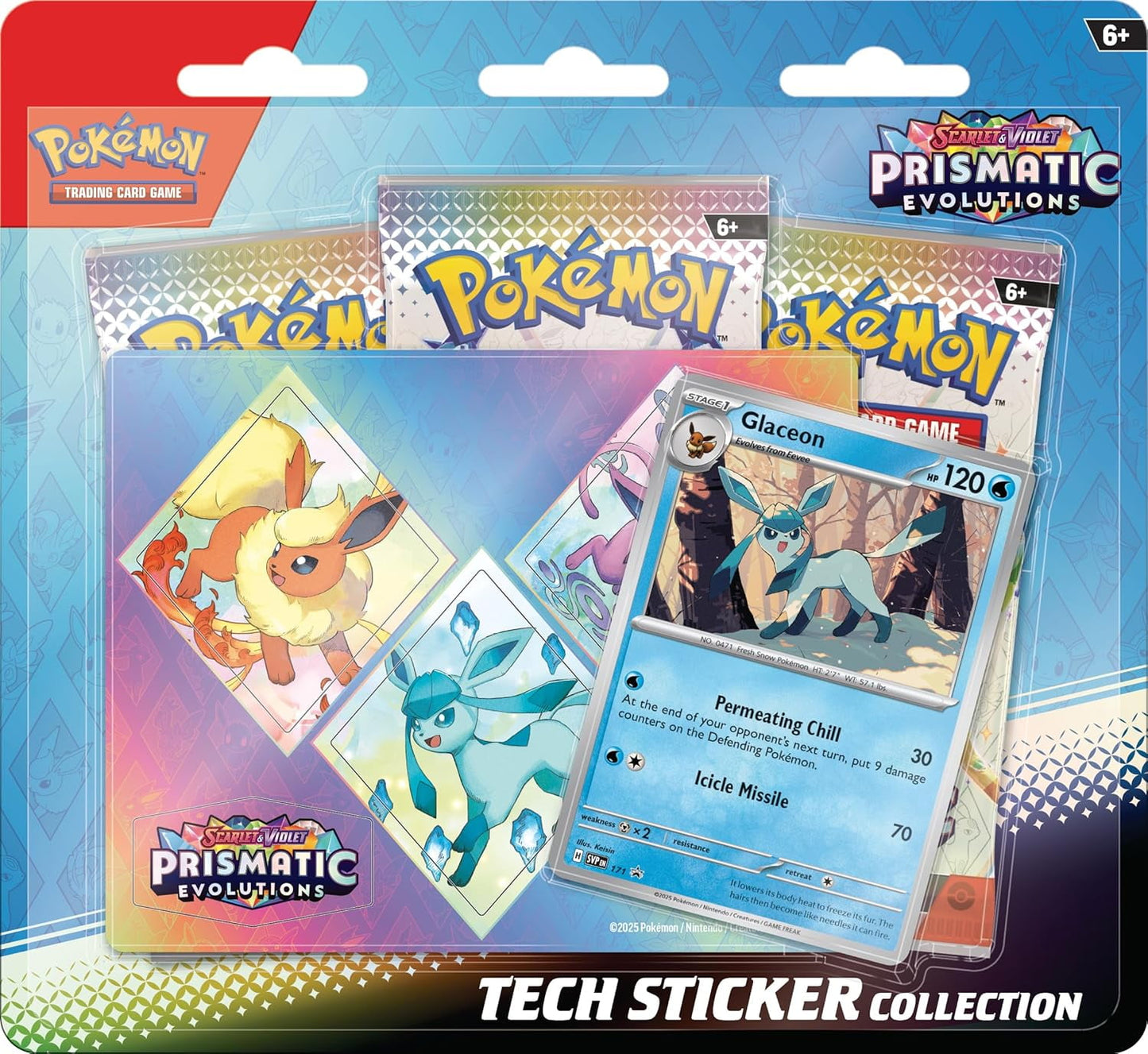 Pokemon TCG: Scarlet & Violet—Prismatic Evolutions Tech Sticker Collection – Glaceon (1 Foil Promo Card & 3 Booster Packs)