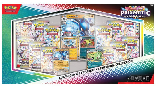 Pokemon TCG Scarlet & Violet Prismatic Evolutions Lucario ex & Tyranitar ex Premium Collection Box - 14 Packs