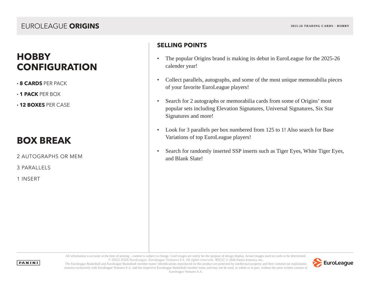 2025/26 Panini Origins Euroleague Basketball Hobby Box