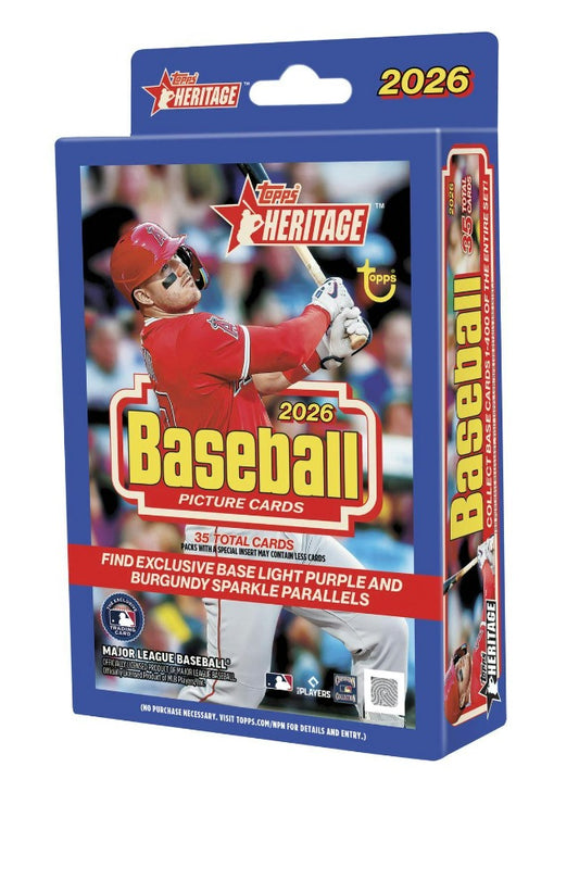 2026 Topps Heritage Baseball Hanger Box – 35 Cards – 1977 Design – Exclusive Purple & Burgundy Sparkle Parallels