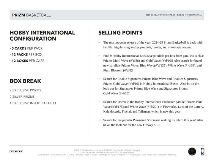 Panini 2024-25 Prizm NBA Basketball International Hobby Box