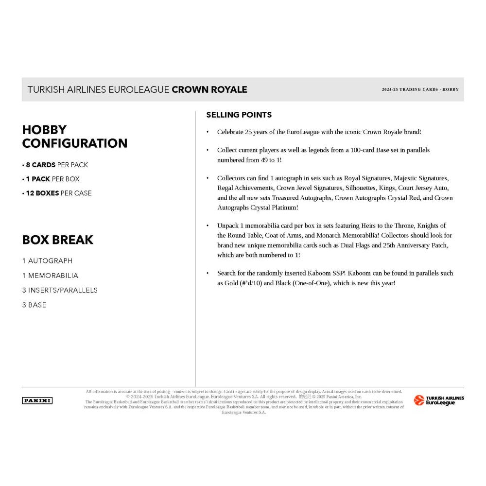 Panini 2024-25 Turkish Airlines EuroLeague Crown Royale Basketball Hobby Box