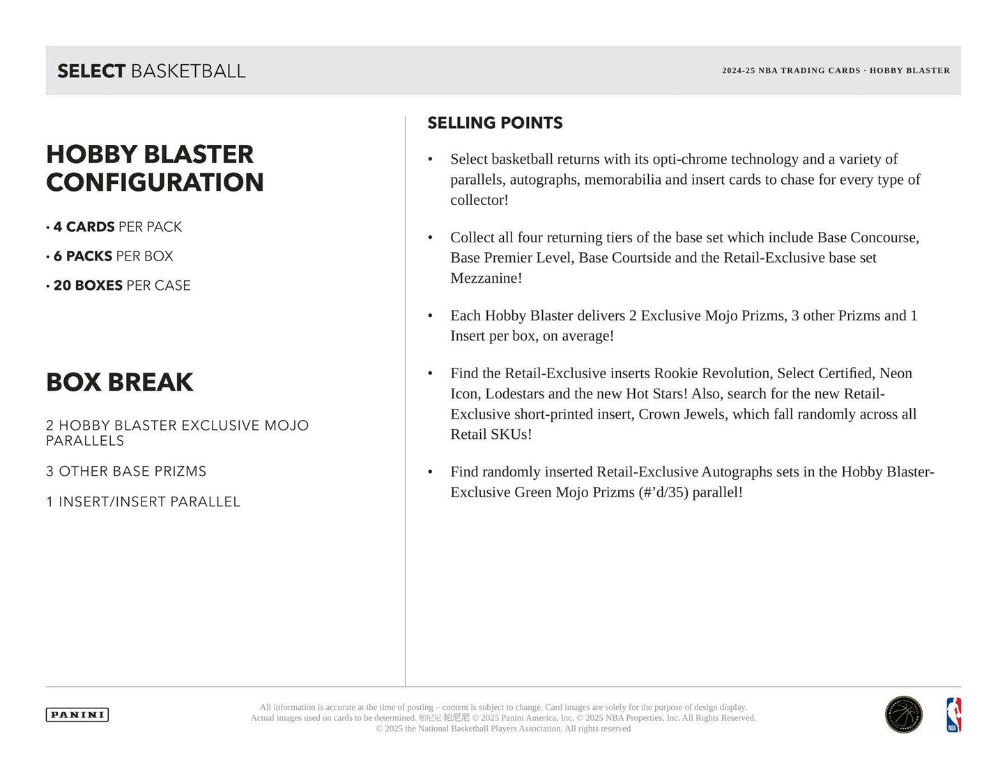 Panini 2024-25 Select Basketball Hobby Blaster Box