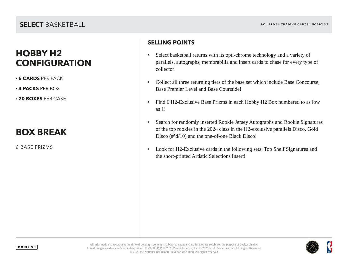 Panini 2024-25 Select Basketball H2 Hobby Box