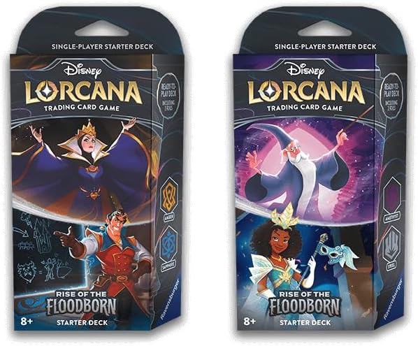 Starter Decks: Both Amber & Sapphire (Gaston & Snow White) and Amethyst & Steel (Merlin & Tiana) (2 Decks) for Lorcana TCG: Rise of The Floodborn