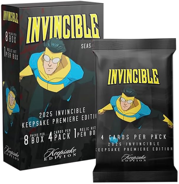2025 Invincible Season 1 Keepsake Premiere Blaster: 8 Packs Per Box, One Guaranteed Relic, Chase Rare Autos and Patches