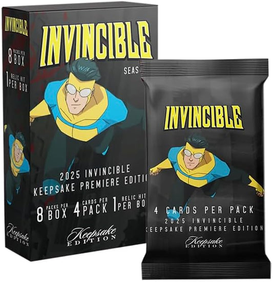 2025 Invincible Season 1 Keepsake Premiere Blaster: 8 Packs Per Box, One Guaranteed Relic, Chase Rare Autos and Patches