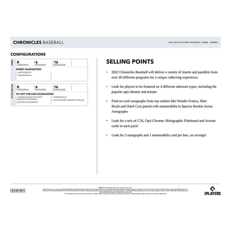 2022 Panini Chronicles Baseball Hobby Box (6 Packs/8 Cards: 3 Autos)