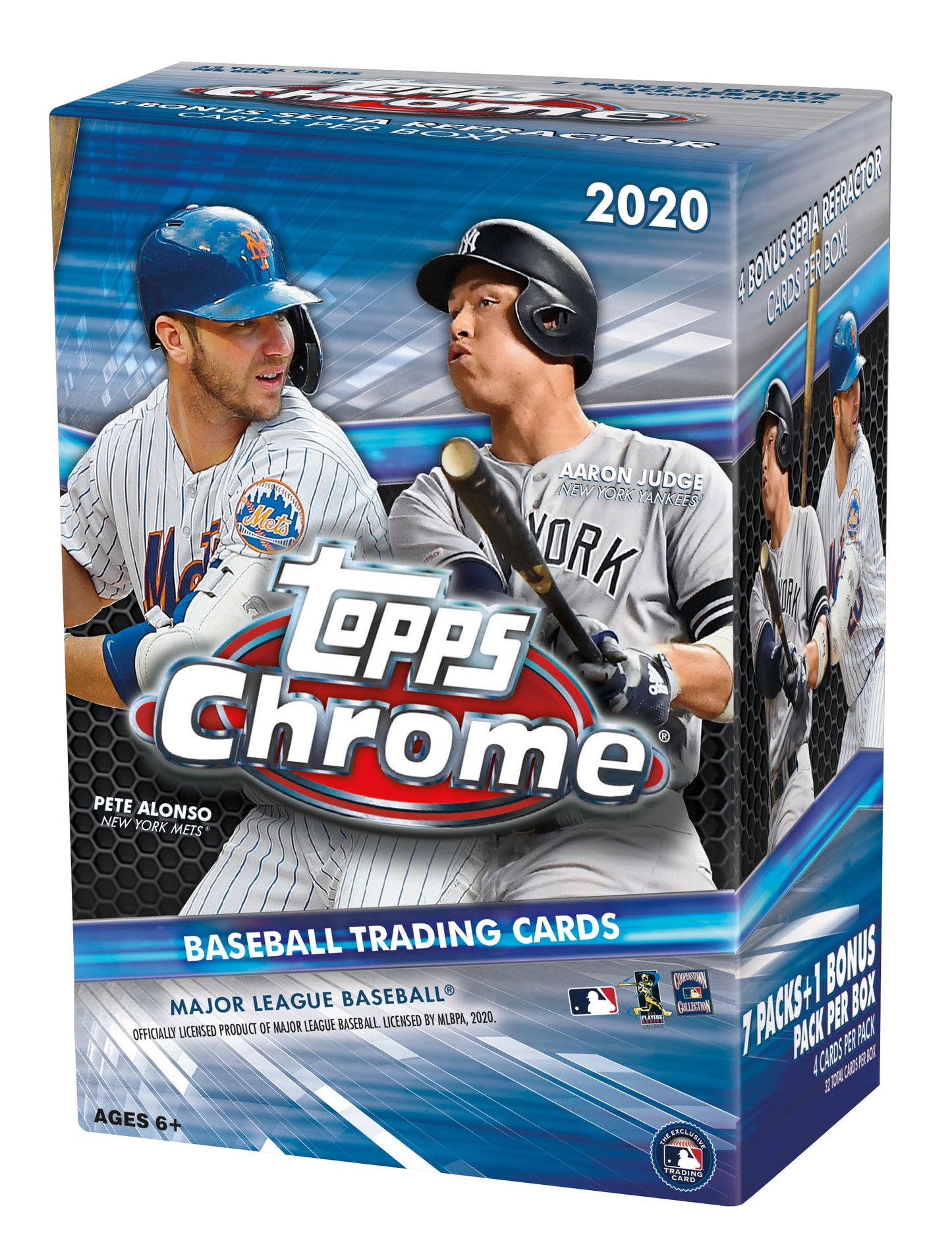2020 Topps Chrome MLB Baseball Trading Cards Blaster Box- 28 Cards + 1 Bonus pack Each pack contains four (4) 2020 Topps Chrome Baseball base cards. Each bonus pack contains four (4) Sepia Refractor Parallel cards. PACK: Seven (7) packs+ one (1) bonus pa