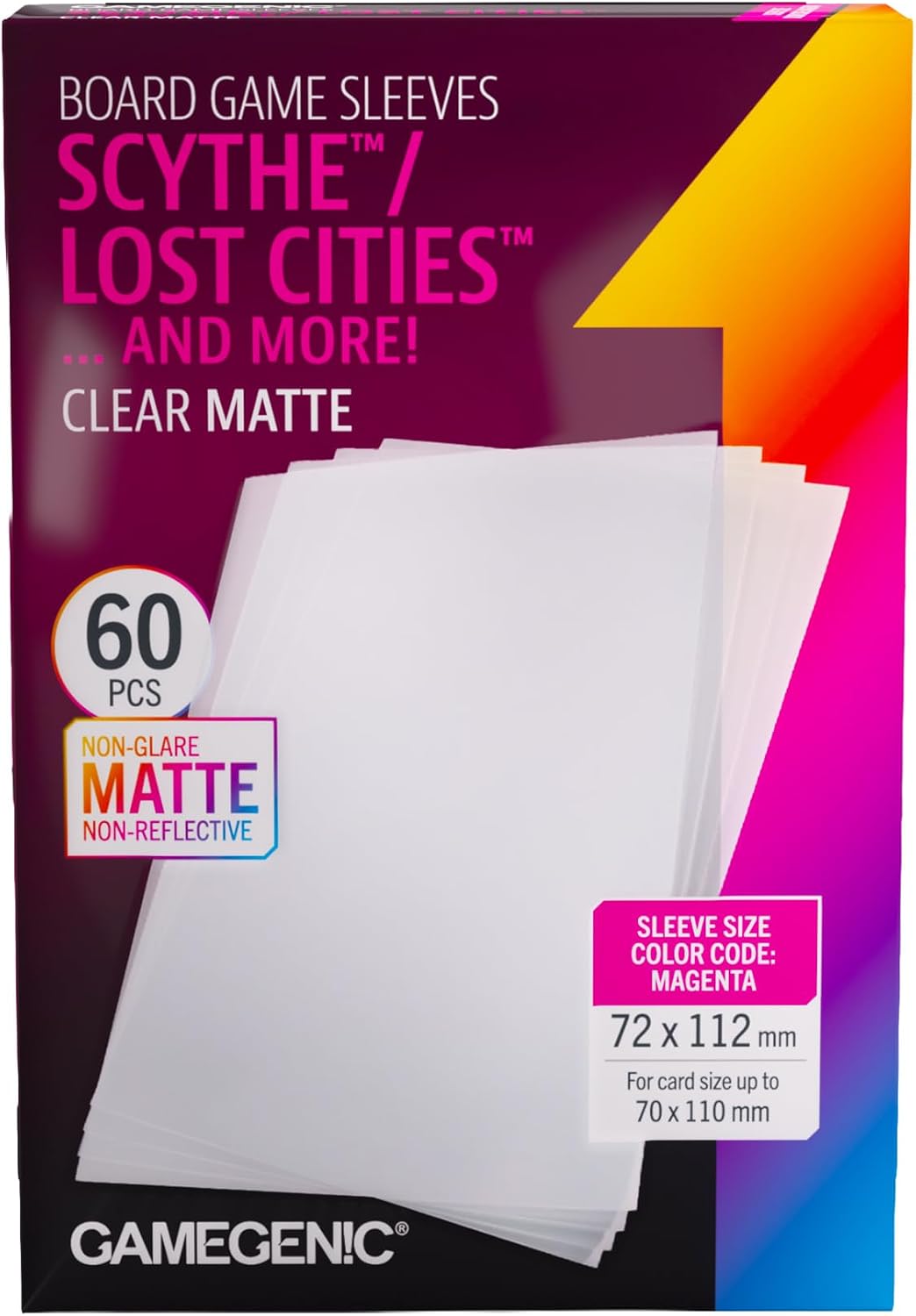 Gamegenic Matte Board Game Sleeves, Pack of 60 Matte Sleeves, 72 by 112 mm Card Sleeves Optimized for Scythe and Lost Cities, Premium Card Protection, FFG Magenta Color Code