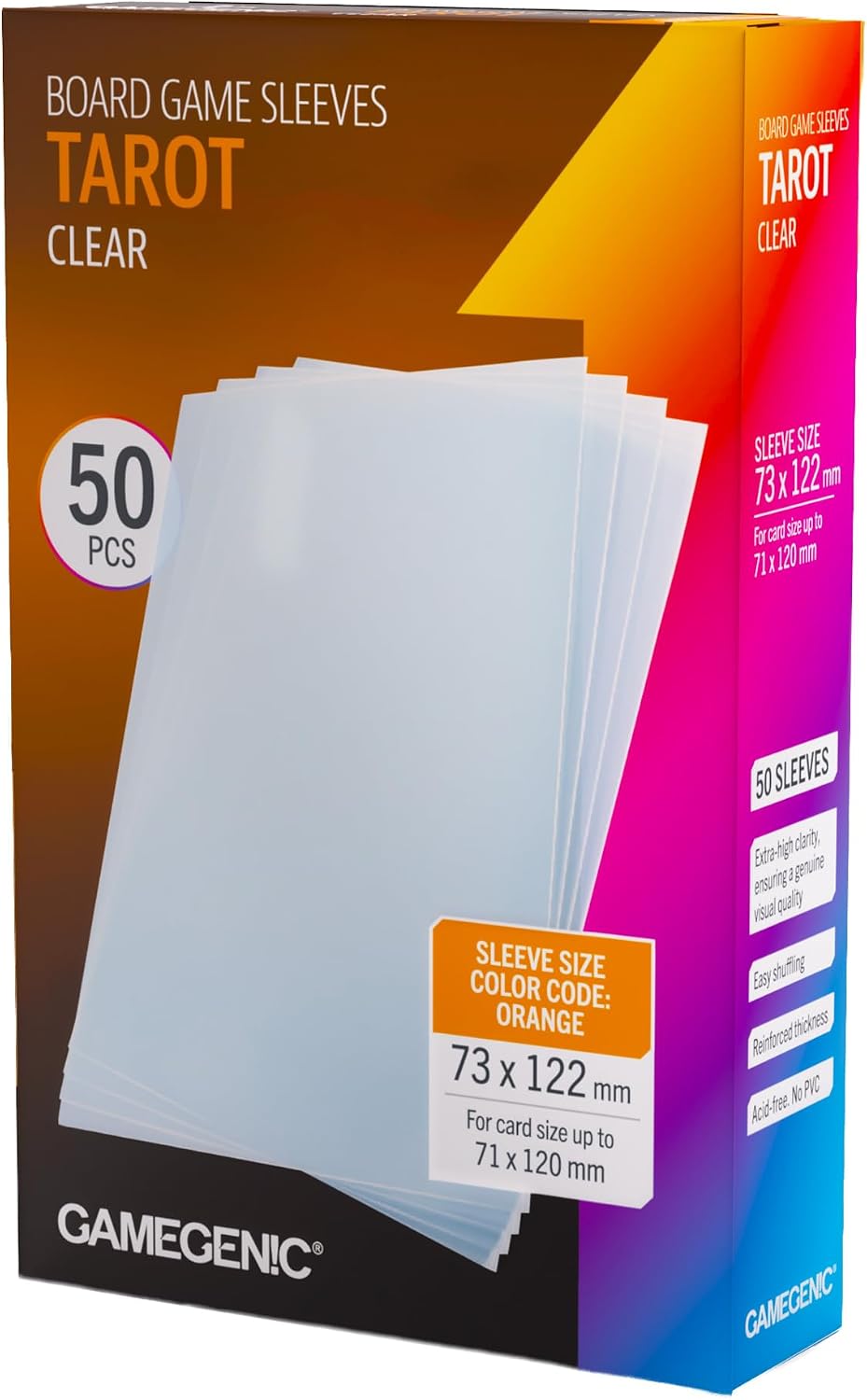 Gamegenic Prime Board Game Sleeves, Pack of 90 Extra-Clear Sleeves, 72 by 122 mm Card Sleeves Optimized for Use with Tarot Cards, Premium Card Protection, FFG Orange Color Code