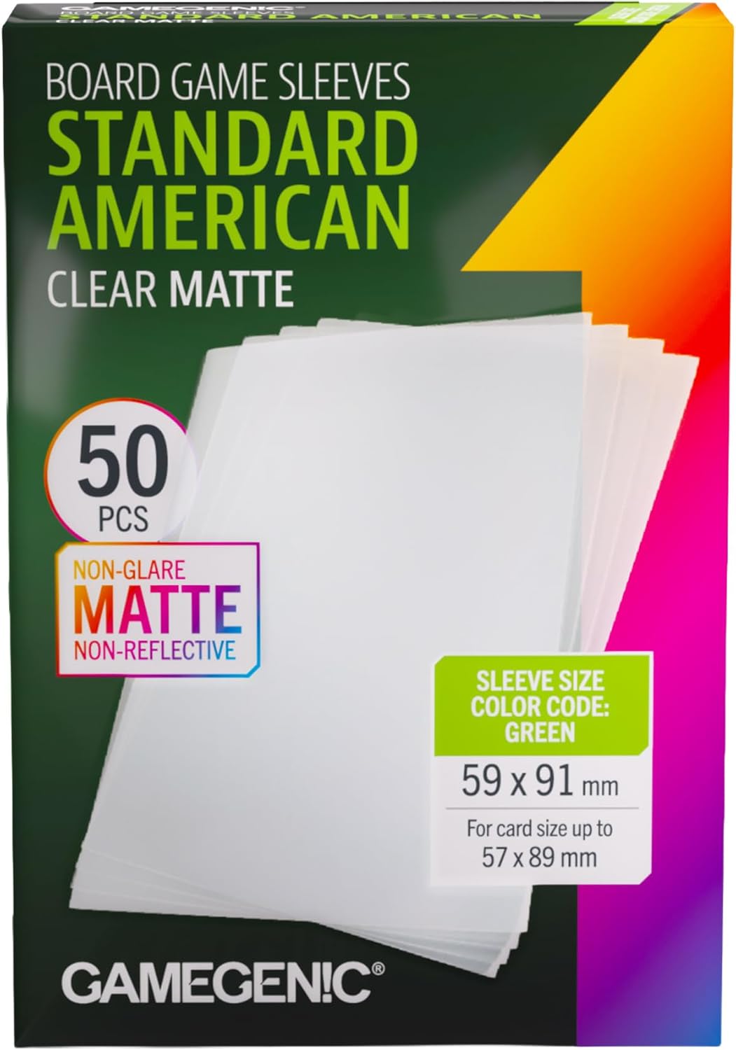 Gamegenic Matte Board Game Sleeves, Pack of 50 Matte Sleeves, 59 by 91 mm Card Sleeves Optimized for Standard American Card Games, Premium Card Protection, FFG Green Color Code